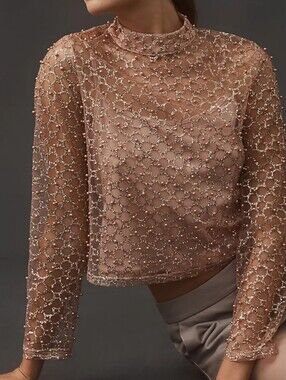 Anthropologie Blush Beaded Sheer Glitter Mock-Neck Long Sleeve Top Size XL